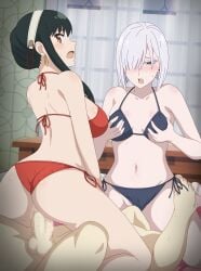 1boy 2girls absurdres artist_name ass back bikini bikini_bottom_aside black_hair blue_bikini blush breasts censored clothed_female_nude_male clothing_aside colored_eyelashes cowgirl_position cowgirl_position cum cum_in_pussy cum_overflow cunnilingus earrings eufoniuz ffm_threesome fiona_frost grabbing_own_breast group_sex hair_over_one_eye hairband hands_on_another's_hips highres husband_and_wife indoors jewelry large_breasts long_hair looking_back medium_breasts mosaic_censoring multiple_girls navel nude open_mouth oral penis red_bikini red_eyes reverse_spitroast revision sex short_hair side-tie_bikini_bottom sidelocks sitting_on_face spy_x_family straddling straight string_bikini sweat swimsuit threesome torso_grab twilight_(spy_x_family) vaginal_penetration white_hair white_hairband window yor_briar