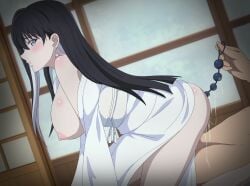 1boy anal_beads anal_fluid artist_name black_hair blue_eyes blush breasts colored_inner_hair dutch_angle earrings eufoniuz female from_side highres indoors japanese_clothes jewelry kimono kyokou_suiri large_breasts long_hair male multicolored_hair nipples open_clothes open_kimono open_mouth profile revision sex sex_toy straight white_hair white_kimono yuki-onna_(kyokou_suiri)