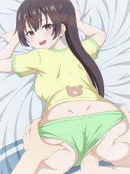 1boy :d absurdres all_fours ass bed blush breasts brown_eyes brown_hair censored clothed_sex clothing_aside commentary_request dimples_of_venus doggy_style eufoniuz female green_panties highres long_hair looking_at_viewer looking_back mosaic_censoring on_bed open_mouth paid_reward_available panties panties_aside penis ponytail pov revision sex shirt short_sleeves smile straight subscribestar_logo subscribestar_username suou_yuki tokidoki_bosotto_roshia-go_de_dereru_tonari_no_alya-san underwear vaginal_penetration web_address yellow_shirt