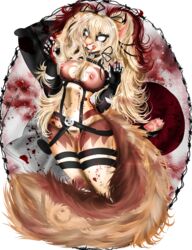 abstract_background alpha_channel anthro areola arm_warmers blonde_hair blood breasts brown_fur feline female fur hair half-closed_eyes hi_res looking_at_viewer mammal myett-wrath nipples open_mouth pussy simple_background smile solo tongue tongue_out transparent_background wide_hips