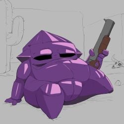 1girls 2024 black_eyes cactus crystal crystal_(nuclear_throne) desert evergreenplate female female_only hi_res lying lying_on_back nuclear_throne purple_body purple_skin pussy shotgun skull solo weapon