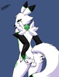 absurd_res annoyed anthro anus armwear armwear_only ass backsack balls bandai_namco black_armwear black_claws black_clothing black_nose black_sclera butt_grab claws clothing countershading digimon digimon_(species) dipstick_ears dipstick_tail ear_markings facial_markings femboy fur genitals green_body green_countershading green_eyes green_markings hand_on_butt head_markings head_tuft hi_res jakatoshi leg_markings looking_at_viewer looking_back looking_back_at_viewer male markings mostly_nude multicolored_ears neck_tuft perineum renamon solo spread_butt spreading syteline tail tail_markings thigh_markings tuft white_anus white_balls white_body white_butt white_fur