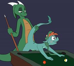 2014 adfowl anthro balls bent_over billiards blue_background blue_scales blush brown_scales clothed clothes disney dragon duo female green_scales half-closed_eyes hat horn interspecies loch_ness_monster male marine nessie nessie_(disney) nude open_mouth penetration pool_table raised_tail scales scalie scarf sex simple_background smile stick straight tail tam_o'_shanter the_ballad_of_nessie tongue