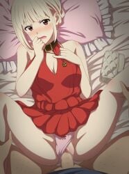 1boy absurdres artist_name bag bare_shoulders bed_sheet blonde_hair blush boy_on_top breasts brown_collar censored cleavage clothed_sex clothing_aside clutch_purse collar dress eufoniuz female frilled_pillow frills from_above hand_to_own_mouth handbag highres jewelry leg_grab looking_at_viewer lycoris_recoil lying medium_breasts missionary mosaic_censoring nishikigi_chisato on_back open_mouth panties panties_aside pendant penis pillow pink_panties pink_pillow pov pov_crotch pussy red_dress red_eyes revision sex short_hair spread_legs straight thighs underwear vaginal_penetration