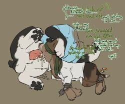 animal_genitalia animal_penis ass balls blindfold bodily_fluids bondage bondage bound brown_body brown_fur burn_scar canid canine canis cigarette clothed clothing cum cum_inside domestic_dog duct_tape duo erection feral forced fur genital_fluids genitals hair hand_on_head jack_(puppyratcat) kidnapping male male/male male_penetrated male_penetrating male_penetrating_male mammal multicolored_body oral penetration penis puppyratcat rape restraints scar sex simple_background smoking submissive tail tape wounded zoophilia