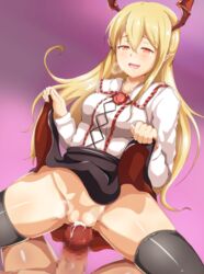 1boy bat_wings black_legwear blonde_hair censored cowgirl_position cum cumdrip cute_fang female frills granblue_fantasy head_wings long_hair mosaic_censoring open_mouth penetration penis pointy_ears pussy red_eyes sex shingeki_no_bahamut shinkuso-kun skirt skirt_lift smile straddling straight vaginal_penetration vampire vania_(granblue_fantasy) wings