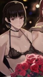 black_bra bra breasts brown_hair choker cleavage earrings glove j@ck lingerie makoto_niijima persona persona_5 red_eyes rose_(flower) short_hair small_breasts smile sole_female staring_at_viewer