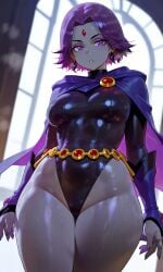 ai_art ai_generated bigbizarts cloak curvy dc_comics forehead_jewel grey_skin leotard purple_eyes purple_hair raven_(dc) thick_thighs wide_hips