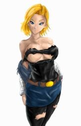2d 2d_(artwork) android_18 anime blonde_female blonde_hair blue_eyes breasts dragon_ball dragon_ball_super dragon_ball_z evil_grin giant_breasts huge_breasts isquashyou ripped_clothing skirt smile
