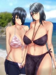 adult adult_and_teenager beach beach_background bikini bikini_bottom bikini_top black_hair blue_eyes daughter denim_shorts hair_over_one_eye hi_res highres huge_breasts massive_breasts mother mother_and_daughter mother_daughter_boob_envy_(meme) original original_character original_characters saya_amano_(stickvenezuela) stickvenezuela string_bikini swimsuit teenage_girl teenager wide_hips yellow_eyes yukihana_amano_(stickvenezuela)