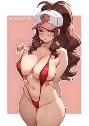 1girls absurd_res alternate_version_available artist_name baseball_cap big_breasts blue_eyes blush blush_lines blushing blushing_at_viewer breasts brown_hair cap cetta_(cettadvd) cowboy_shot female female_only game_freak hand_behind_back hat headwear hilda_(pokemon) holding_strap legs_together light_skin light_skinned_female long_hair looking_at_viewer navel nintendo pokemon pokemon_bw pokemon_bw2 ponytail pout pouting pulling_bikini_string red_bikini red_swimsuit simple_background sling_bikini slingshot_swimsuit solo solo_female standing strap_pull thick_thighs thighs thighs_together wide_hips