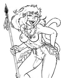 anthro ape areola baboon bare_shoulders breasts chest_tuft clothing female fur hair humanoid ineffective_loincloth line_art loincloth looking_at_viewer mammal monkey monkey_girl monochrome necklace nipples nude open_mouth pose primate pussy simple_background smile solo source_request style_wager tuft white_background