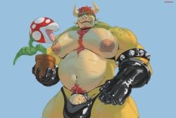 2025 2d absurd_res accessory anthro areola armband armwear barazoku beard belly belly_overhang biceps big_areola big_bulge big_muscles big_nipples big_pecs big_penis blue_background body_hair bowser bulge chest_hair clothed clothing cock_ring collar elbow_gloves elemental_creature erection erection_under_clothing eyebrows facial_hair flora_fauna genitals gloves hair handwear happy_trail hi_res holding_object horn huge_areola huge_bulge huge_cock huge_muscles huge_pecs humanoid_genitalia humanoid_penis ineffective_clothing jewelry kemono koopa latex latex_clothing latex_gloves latex_handwear leaf lips looking_at_viewer mako_pbw male mario_bros musclegut muscular muscular_anthro muscular_male navel nintendo nipples non-mammal_nipples overweight overweight_anthro overweight_male pecs penis penis_accessory penis_base penis_jewelry piranha_plant plant plant_pot potted_plant pubes scalie simple_background smile solo spiked_armband spiked_cock_ring spiked_collar spikes standing thick_arms thick_penis thick_thighs thong tongue tongue_out topless topless_anthro topless_male underwear vein