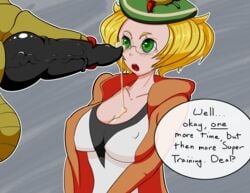 1boy 1girls bianca_(pokemon) big_balls big_penis blonde_hair blush breasts cleavage cum cum_drip cum_on_body cum_on_upper_body female glasses green_eyes hand_on_another's_head hat haxorus hi_res holding_penis human interspecies large_breasts looking_at_partner looking_up male monster monster_cock n0nd3scr1pt nintendo nipple_bulge open_mouth penis pokemon pokephilia short_hair size_difference solo_focus straight testicles unseen_male_face veins veiny_penis video_games