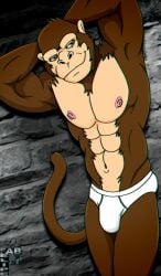 2018 abs anthro biped briefs briefs_only brown_body brown_fur bulge closed_smile clothed clothing digital_media_(artwork) fabfelipe fur furry hands_behind_head haplorhine hi_res male mammal monkey mouth_closed muscular muscular_anthro muscular_male navel nipples pink_nipples primate smile solo standing tail topless topless_anthro topless_male underwear underwear_only white_briefs white_clothing white_underwear