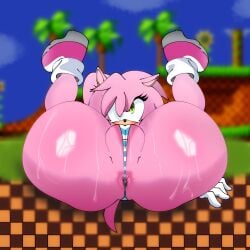 2025 amy_rose anthro anus ass blush bodily_fluids butt_focus clothing eulipotyphlan feet_up female fur gloves green_eyes green_hill_zone hand_behind_head handwear hedgehog hi_res lying mammal on_back pattern_clothing pattern_thong pattern_underwear pink_body pink_fur pussy_slip sega solo sonic_(series) sonic_the_hedgehog_(series) spread_legs spreading striped_clothing striped_thong striped_underwear stripes sweat thong underwear vicky2k
