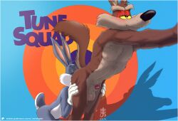 2025 abs anal animal_genitalia animal_penis anthro anthro_on_anthro anthro_rimming_anthro areola balls becoming_erect blush bugs_bunny canid canine canine_genitalia canine_penis canis closed_eyes clothing coyote duo english_text eyebrows fur genitals gloves handwear kneeling lagomorph leg_grab leporid looking_pleasured looney_tunes male male/male male_rimming_male mammal muscular muscular_anthro muscular_male narrowed_eyes nipples nude oral pecs penis penis_tip rabbit rimming sex shadow sheath simple_background smile standing text thigh_grab tuft url warner_brothers watermark wile_e._coyote zenthetiger