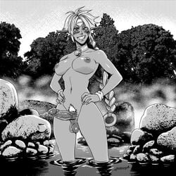 1futa aisha_clanclan anasheya animal_ears blush braid breasts circlet collar dark-skinned_futanari dark_skin dickgirl erection futa_only futanari hands_on_hips humanoid intersex inverted_nipples large_breasts large_penis long_hair monochrome neck_bell nipples outlaw_star partially_submerged penis pubic_hair smile solo solo_futa standing testicles tied_hair white_hair