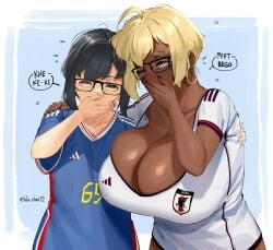 2girls adidas big_breasts blonde_hair breast_size_difference busty covering_mouth dark_skin fifa japan jersey laugh laughing light-skinned_female lulu-chan92 multiple_girls sport sports_unifosportsweaear tagme world_cup