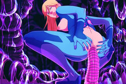 anal_insertion anus ass blonde_hair blue_eyes breasts crotchless dildo female long_hair metroid nintendo nipples samus_aran sex_toy solo squatting tentacles youngjaerome zero_suit zero_suit_samus