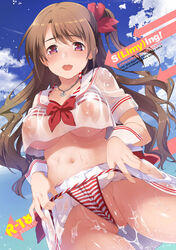 between_labia bikini bikini_under_clothes bow breasts brown_eyes brown_hair cloud collarbone cover cover_page crop_top doujin_cover female idolmaster idolmaster_cinderella_girls innie_pussy inue_shinsuke jewelry large_breasts long_hair looking_at_viewer navel necklace nipples partially_visible_vulva sailor_collar see-through shimamura_uzuki shiny shiny_hair side_ponytail skirt sky smile solo striped striped_bikini striped_swimsuit swimsuit swimsuit_under_clothes tears underboob wedgie wet wrist_cuffs