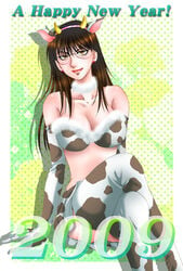 1girls 2009 animal_ears bare_shoulders breasts brown_eyes brown_hair cleavage collar cow_ears cow_girl cow_horns cow_print earrings elbow_gloves glasses gloves hajime_no_ippo horns iimura_mari jewelry large_breasts lipstick long_hair makeup new_year skirt solo thighhighs yuuki_setsuna_(aonekokan)