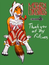 2015 angie_(character) anthro anus ass bell bow breasts candy candy_cane candy_cane_in_mouth canine chakat-silverpaws christmas claws clitoris english_text female food fox fur furry green_background green_eyes hair half-dressed highres holidays lingerie long_hair looking_at_viewer mammal nipples nude orange_fur pussy ribbons see-through simple_background smile solo teeth text thighhighs toe_claws tongue white_hair