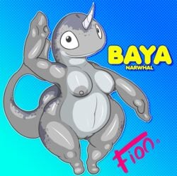 2015 anthro areola big_breasts breasts cetacean english_text female fionthebunny horn mammal marine narwhal nipples nude pussy simple_background slightly_chubby smile solo text whale white_sclera