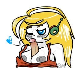 android areolae blonde_hair blue_eyes blush cave_story curly_brace fellatio female heart male nipples one_eye_closed oral paizuri puffy_nipples quackmeister robot_ears solo_focus straight tank_top white_skin