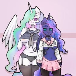 2girls alicorn anthro black_panties blue_eyes cameltoe equine female friendship_is_magic frown garter_belt hair_over_one_eye horn horse long_hair looking_at_viewer multicolored_hair multiple_girls my_little_pony navel necktie panties pettankochan plain_background pony princess_celestia_(mlp) princess_luna_(mlp) purple_eyes seifuku siblings simple_background sisters smile standing tail thighhighs underboob wings