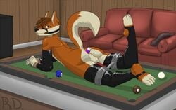 1boy 2015 4_toes anthro ass balls billiards bit_gag bondage bound brown_fur brown_hair canine clothed clothing dingo dr_zombie fur gag hair handcuffs hindpaw inside leggings legwear looking_at_viewer lying male male_only mammal multicolored_fur on_front paws penis pillow pool_table rubber sex_toy shackles smile sofa solo spreader_bar toes two_tone_fur vibrator watermark white_fur