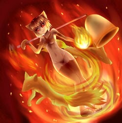 animal_ears bell blonde_hair bottomless breasts d_z dutch_angle elbow_gloves female fire flames fox fox_ears gloves lying moonlight_flower no_panties pussy ragnarok_online red_eyes short_hair solo thighhighs uncensored