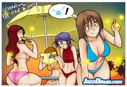 ass barely_clothed big_ass big_breasts bikini blue_hair breasts brown_hair caption clara cleavage elly erika_(living_with_hipstergirl_and_gamergirl) female female_only glasses jago_dibuja leaning_forward long_hair looking_at_viewer multiple_girls navel red_hair sideboob small_breasts smile sophie_(living_with_hipstergirl_and_gamergirl) thighs wide_hips