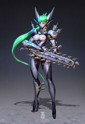 armor blush breasts chainsaw cyborg female green_hair large_breasts nipples paul_kwon ponytail solo standing tied_hair weapon zeronis