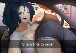 2girls big_ass big_breasts big_butt breast_press breasts_pressed_together camera car drive_thru female female_only he_wants_to_order looking_at_viewer lulu-chan92 meme multiple_girls phone reaching_out selfie she_wants_to_order shiny_skin short_shorts snapchat wink yuri