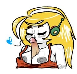 android areolae blonde_hair blush cave_story closed_eyes curly_brace female heart kissing male nipples oral paizuri puffy_nipples quackmeister robot_ears solo_focus straight tank_top white_skin