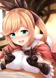 1boy :d aqua_eyes bent_over black_gloves black_legwear blush breasts brown_hair clarisse_(granblue_fantasy) double_v female gloves granblue_fantasy hair_ribbon highres large_breasts long_hair looking_at_viewer open_mouth paizuri paizuri_under_clothes panties ponytail ribbed_sweater ribbon sleeveless sleeveless_turtleneck smile solo_focus straight sweater thighhighs tied_hair titfuck turtleneck underwear uni8 v white_panties