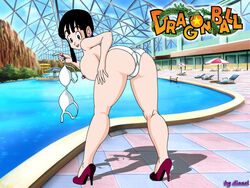 1girls ass big_ass bikini black_eyes black_hair bra breasts chair chichi dissel dragon_ball female_only high_heels large_breasts looking_back milf nipples panties pool smile solo umbrella water white_panties