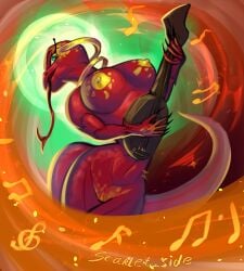 anthro bard big_breasts breasts casual clothing digital_media_(artwork) dungeons_and_dragons female gold_(metal) gold_jewelry green_eyes hasbro hi_res jewelry long_tongue looking_at_viewer magic musical_instrument nipples nonsexual nonsexual_nudity nude nude_anthro open_mouth red_body red_skin reptile scalie scarlet_side simple_background smile snake solo string_instrument tail thick_thighs tongue wizards_of_the_coast
