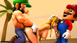 1girls 2boys 3d clothing crossover fellatio female from_behind hentaiforeva hyrule_warriors luigi male mario mario_(series) multiple_boys nintendo nude oral outdoors princess_zelda source_filmmaker the_legend_of_zelda threesome zelda_(hyrule_warriors)