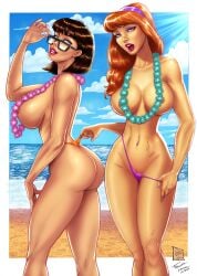 2girls ass beach bikini bikini_bottom breasts brown_hair clothing clouds daphne_blake duo eyelashes female female/female female_only flower_necklace glasses hairband hourglass_figure human human_only light-skinned_female light_skin lipstick long_hair looking_at_viewer mammal mature mature_female nalgamang nipples ocean open_mouth outdoors purple_hairband purple_lipstick scooby-doo short_hair sunshine velma_dinkley voluptuous voluptuous_female water