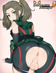 1boy 1futa 2025 ai_generated anus artist_name ass balls bike_shorts black_shorts cock dick erection exposed_anus fingerless_gloves foxenpai futanari gloves gradient gradient_background green_eyes hi_res high_quality high_resolution highres intersex looking_back male male_focus otoko_no_ko patreon patreon_username penis shania_(xenoblade) smile stable_diffusion testicles tight_anus torn_clothes watermark xenoblade_(series)