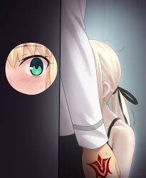 1boy 2girls against_wall artoria_caster_(fate) artoria_caster_(swimsuit_berserker)_(second_ascension)_(fate) artoria_pendragon_(fate) besmiled black_pants black_ribbon black_shirt blonde_hair command_spell commentary_request fate/grand_order fate_(series) female fujimaru_ritsuka_(male) green_eyes hair_ribbon highres implied_fellatio long_hair long_sleeves looking_at_another male multiple_females multiple_girls pants ponytail ribbon saber_alter saber_alter_(ver._shinjuku_1999) shirt sidelocks squatting white_shirt