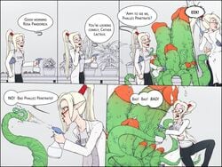 2015 blonde_hair comic cum elf english_text eyewear female gentlemanpaux glasses green_eyes hair humanoid jeans lab_coat long_hair marienne_silverleaf plant pointy_ears ponytail squirt_bottle tentacle_plant text tied_hair