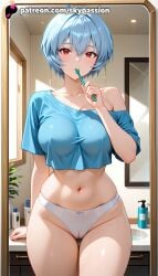 1girls 2025 ai_assisted ai_generated anime artist_name blue_shirt breasts brushing_teeth bust clock explicit female hi_res high_quality high_resolution highres mirror navel neon_genesis_evangelion off_shoulder panties patreon patreon_username picture_frame potted_plant rebuild_of_evangelion red_eyes rei_ayanami shirt short_hair skypassion solo stable_diffusion toothbrush underwear watermark
