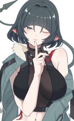 1girls absurdres animal_ears black_shirt crop_top female finger_to_mouth fur-trimmed_jacket fur_trim green_eyes green_hair green_jacket halterneck highres jacket jane_doe_(zenless_zone_zero) long_hair looking_at_viewer mouse_ears mouse_girl multicolored_hair navel one_eye_closed parted_lips red_hair red_nails ruaruayana see-through_clothes sharp_tail shirt shushing solo two-tone_hair upper_body zenless_zone_zero
