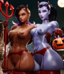 2girls 3d absurd_res amelie_lacroix choker cute dark-skinned_female devil_horns female female_only garter_belt halloween hi_res highres lingerie looking_at_viewer nemesis_3d no_bra overwatch sombra standing stockings thick_thighs thigh_squish thighhighs thighs widowmaker