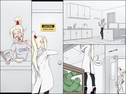 2015 blonde_hair bowl cereal clothed clothing comic doctor elf english_text eyewear female food gentlemanpaux glasses green_eyes hair high_heels humanoid lab lab_coat laboratory long_hair magazine marienne_silverleaf penis_tentacles pointy_ears ponytail science scientist sign spoon stiletto_heels tentacle text tied_hair very_high_heels