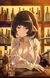 1girls absurdres alcohol alternate_costume animal_ears bar_(place) beer_bottle black_hair black_skirt blush breasts center_opening chowol clenched_teeth counter cup drinking_glass female glass green_eyes highres indoors jane_doe_(zenless_zone_zero) large_breasts leaning_forward looking_at_viewer mouse_ears mouse_tail sharp_tail shelf shirt short_hair skirt smile solo tail teeth whiskey white_shirt zenless_zone_zero