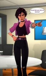 1girls 3dcg ai_assisted ai_generated bare_belly belly belt belt_buckle breasts brown_eyes brown_lips cel_shading choker clothed dark_hair dialogue dispatch_(game) english_text female fully_clothed indoors insult insulting_viewer invisigal jacket looking_at_viewer medium_breasts messy_hair nose_piercing nose_ring office pants piercing pointing pointing_at_viewer protocat short_hair short_hair_female slender slender_body slender_waist slim slim_waist solo solo_female solo_focus standing superhero superheroine talking_to_viewer text text_bubble torn_pants